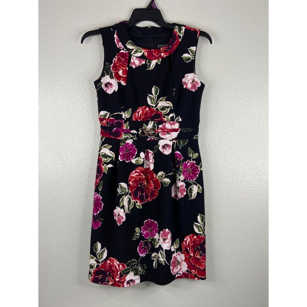 En Focus Studio Women Size 8 Floral Dress Fit & Flare Black Belted Semi Formal